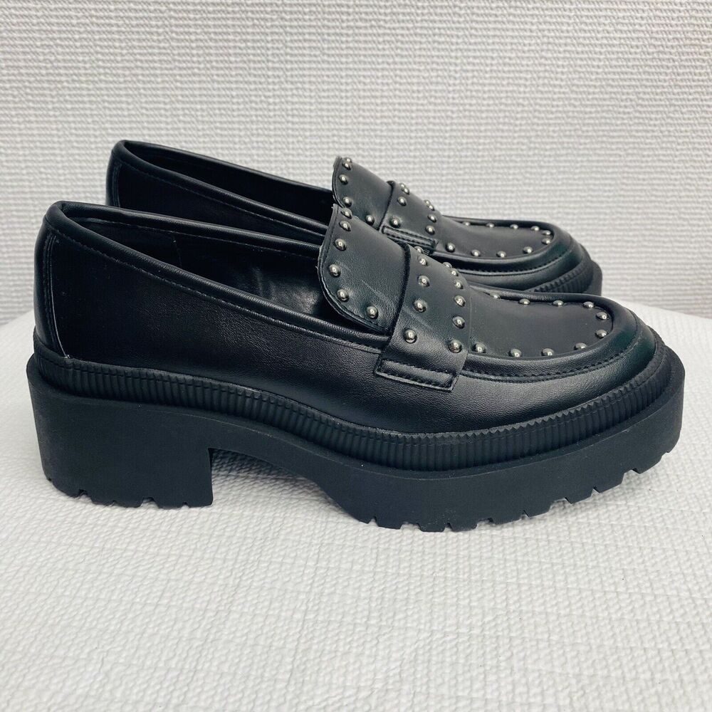 Bcbgeneration Marley Lug Women’s 7M Black Chunky Platform Y2K Studded Loafer